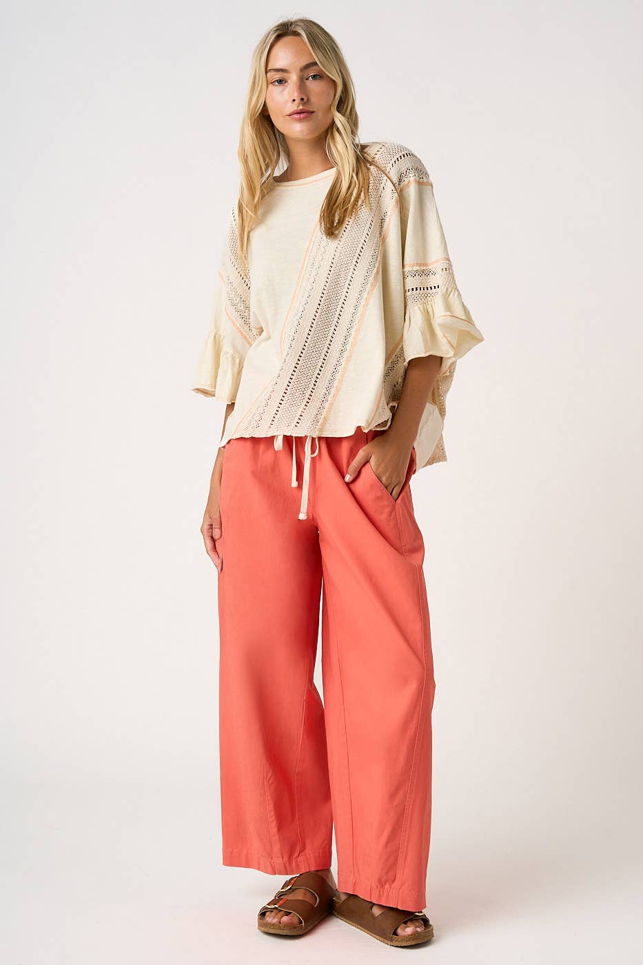 WIDE BARREL LEG DRAWSTRING ELASTIC WAIST PANTS