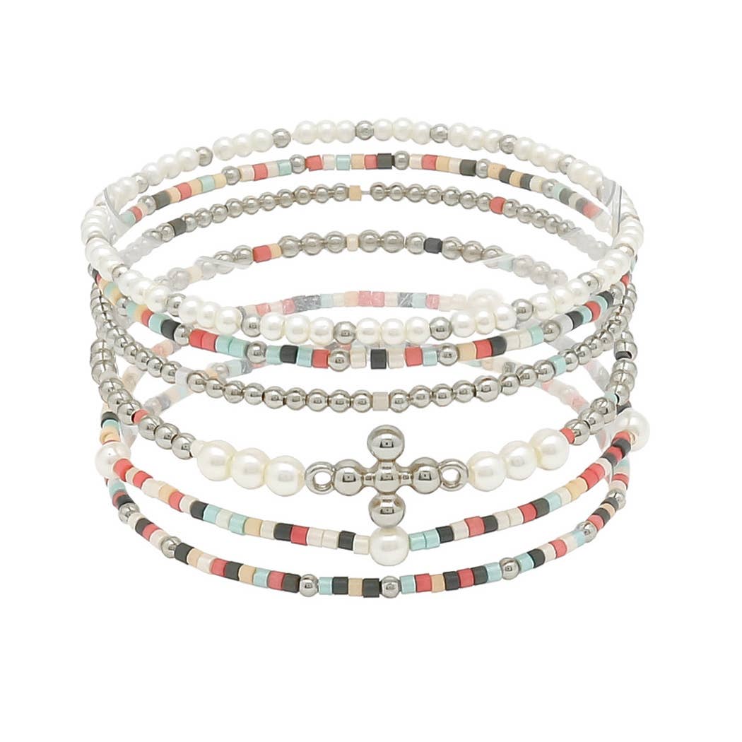 CROSS ACCENT DAINTY MULTI LAYERED BEADED STRETCH BRACELET
