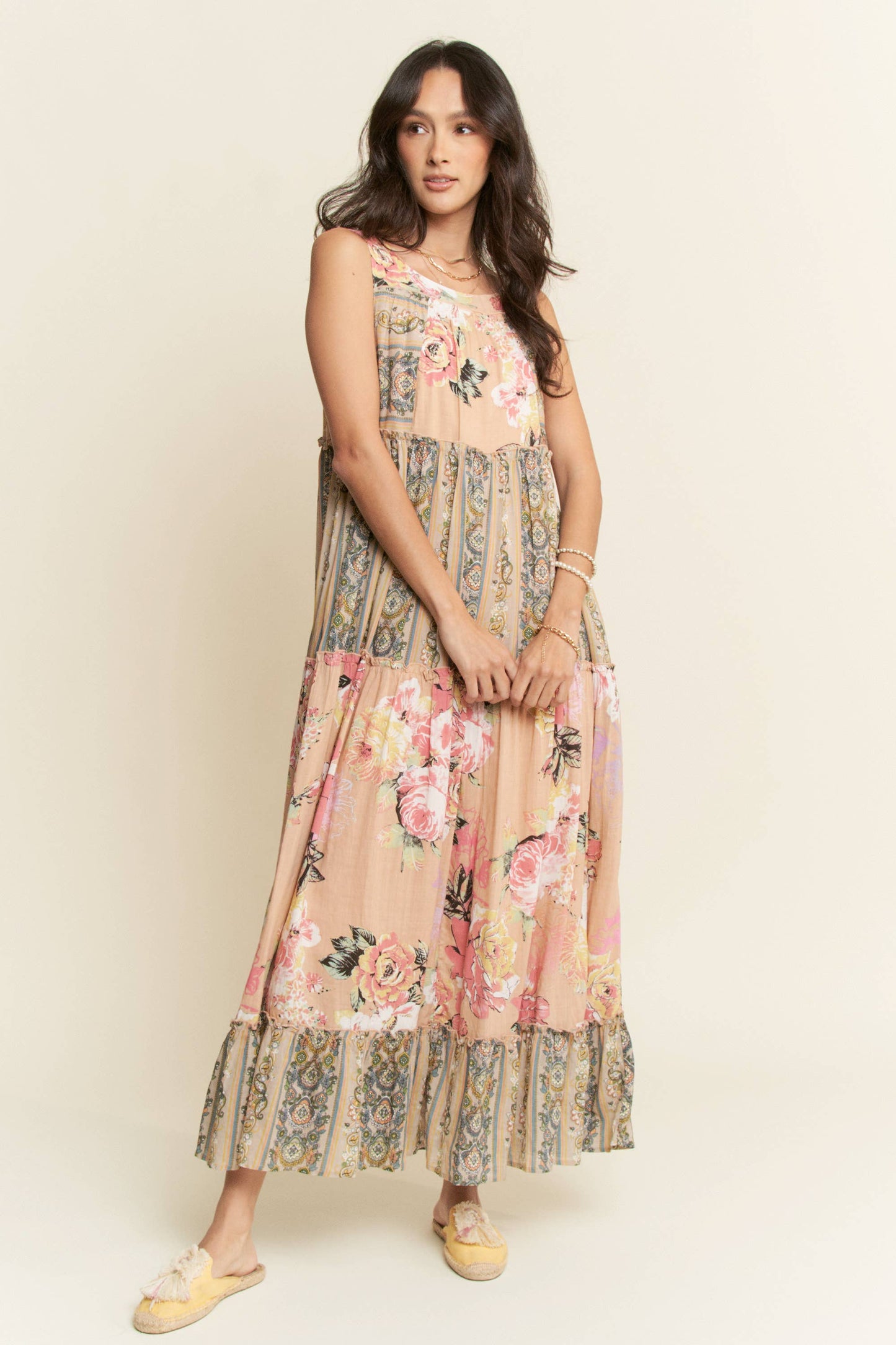FLORAL BOHO STRIPE MIXED FULL SKIRT MIXI DRESS