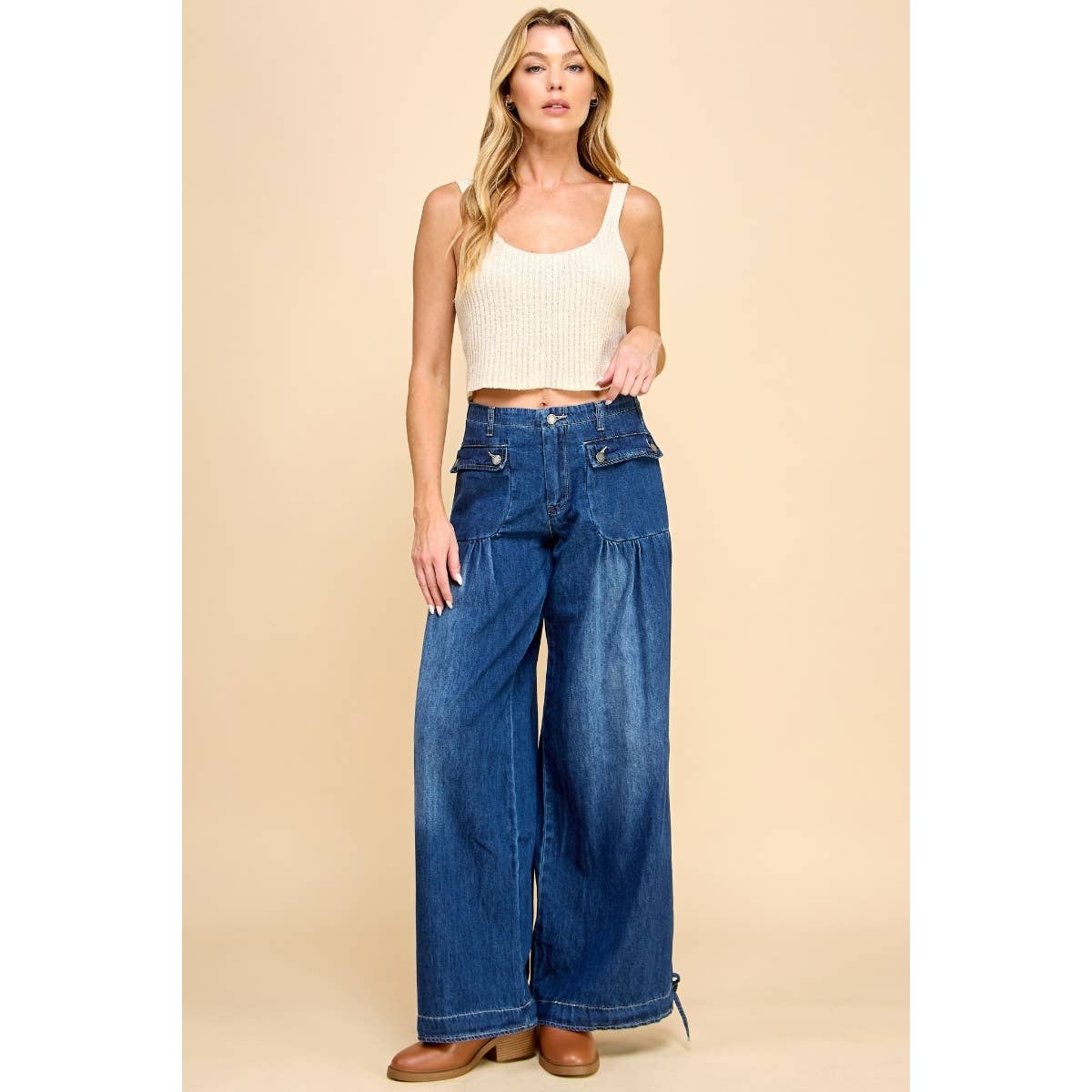 Ankle Drawstring Wide Denim Pants