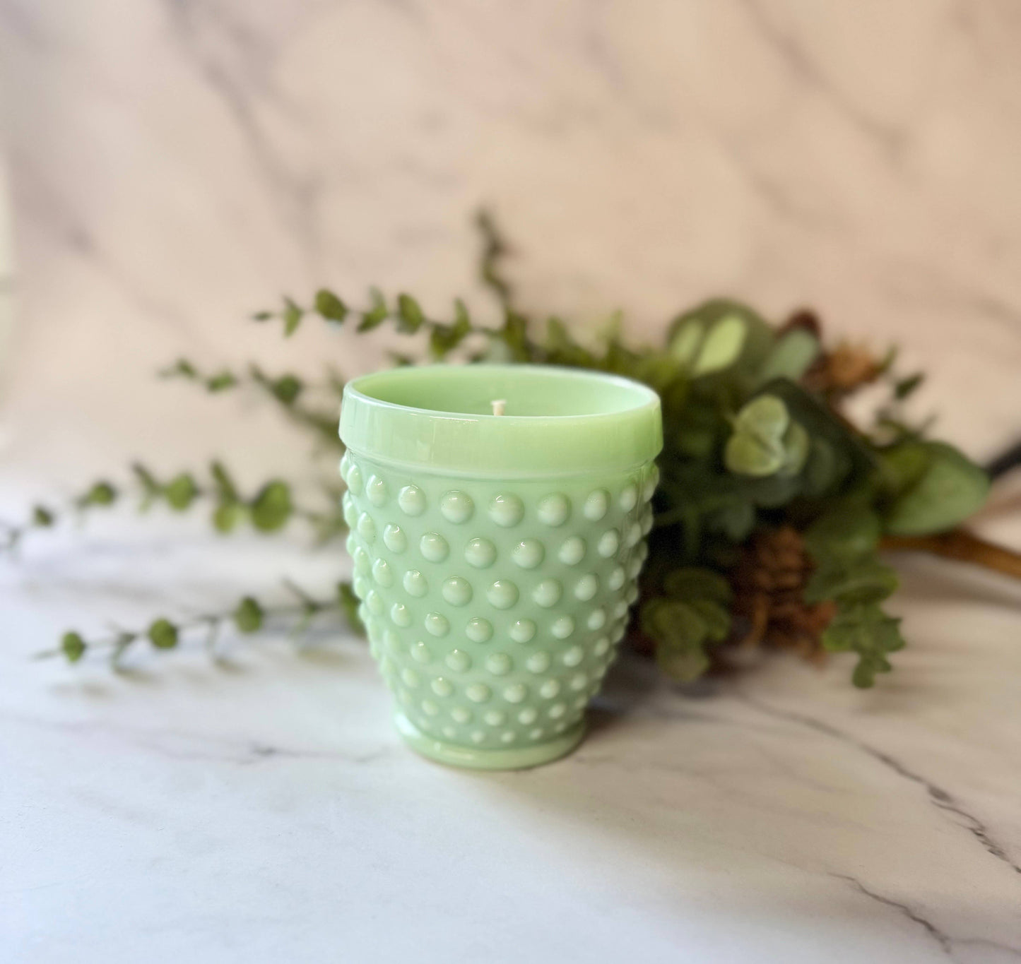 Green "Jadeite" Hobnail Tumbler Candle - 9 ounces.