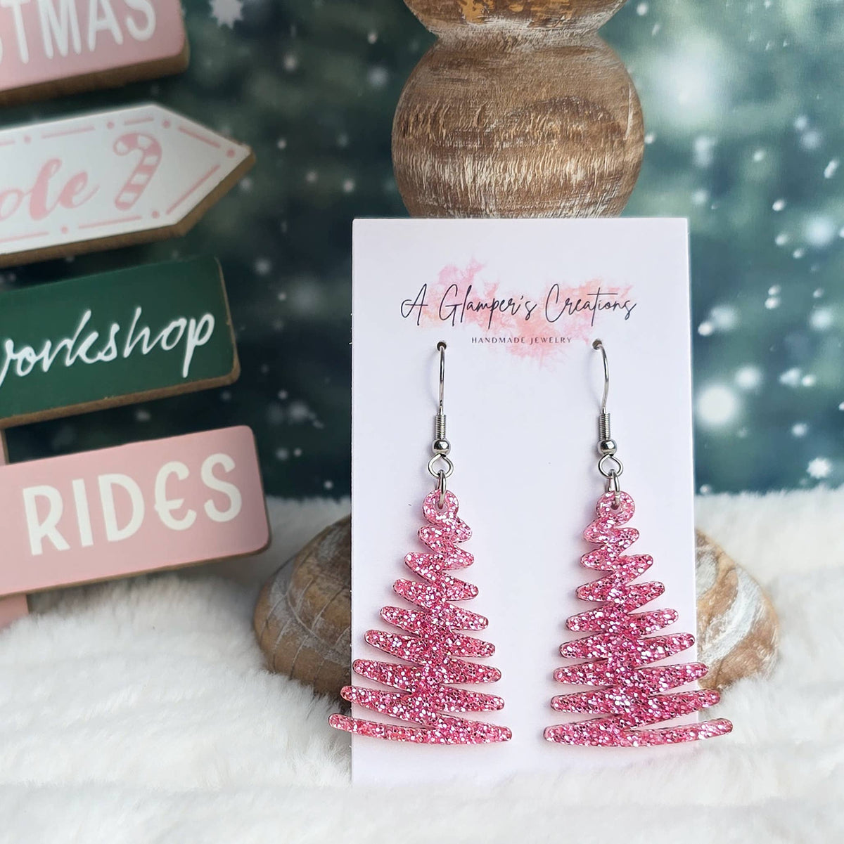 Pink Glitter Christmas Ribbon Tree Acrylic Earrings