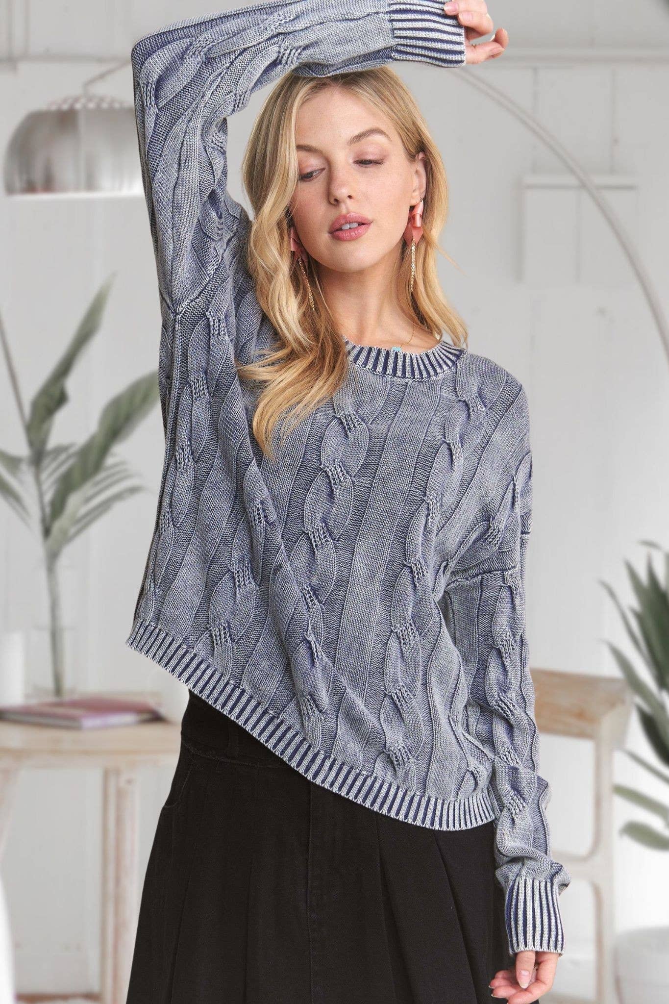 MINERAL WASHED CABLE KNIT SWEATER TOP