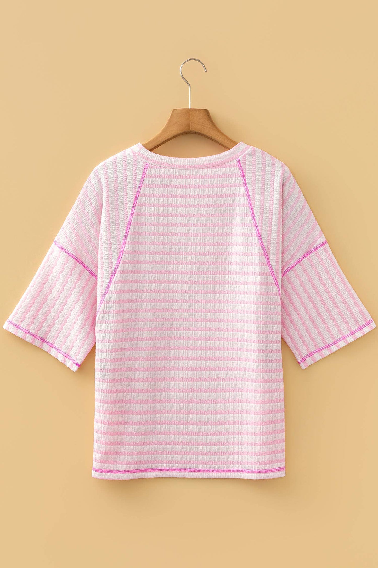 Stripe Textured Knit Split Hem Half Sleeve Loose Top (S-4X)