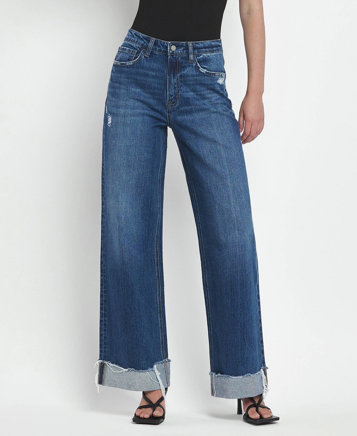 SUPER HIGH RISE CUFFED BAGGY WIDE JEANS T6614