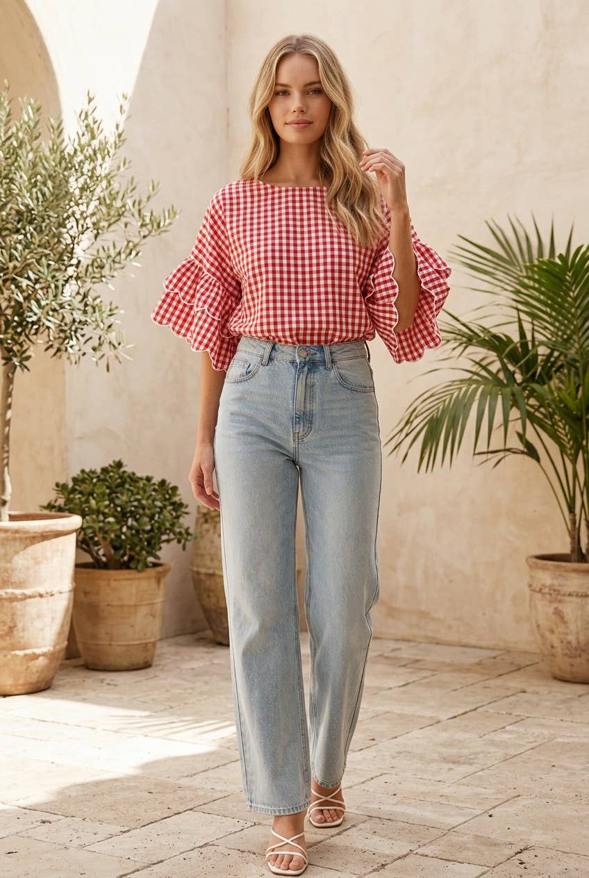 Charming Gingham Scallop Edge Wild Ruffle Cotton Top VT83548