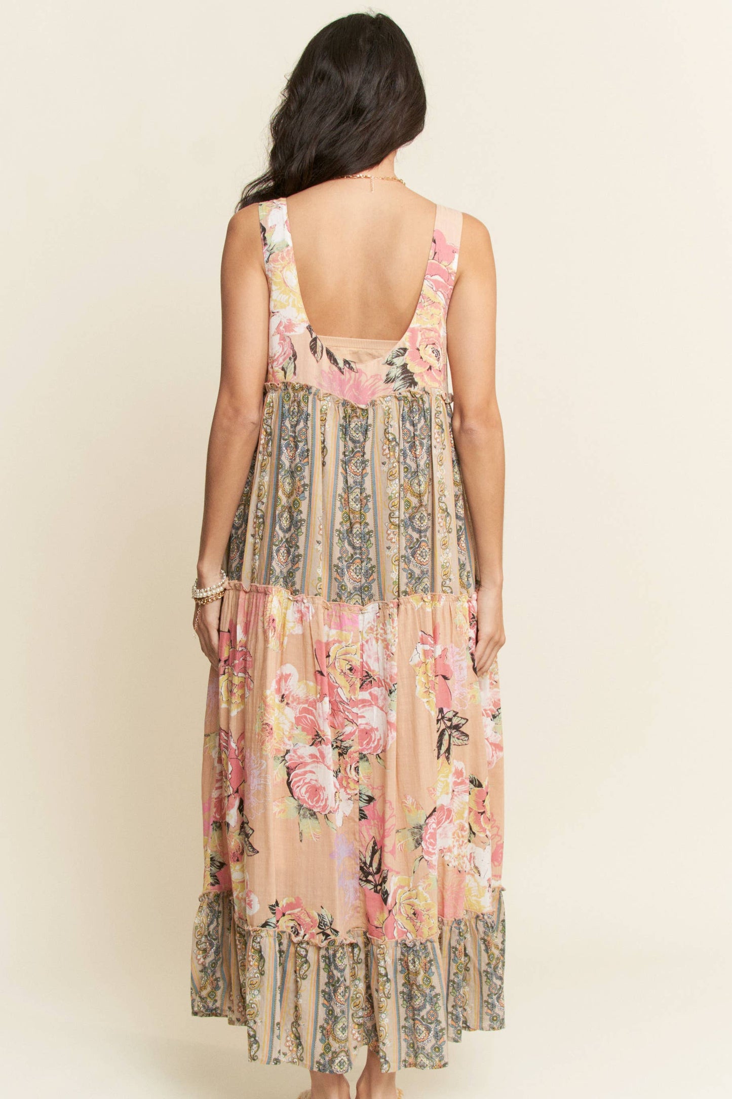 FLORAL BOHO STRIPE MIXED FULL SKIRT MIXI DRESS