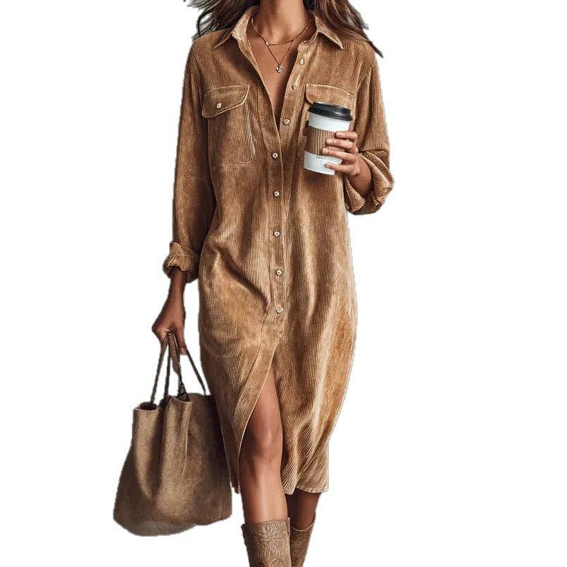 Women Corduroy Long Sleeve Shirt Dress