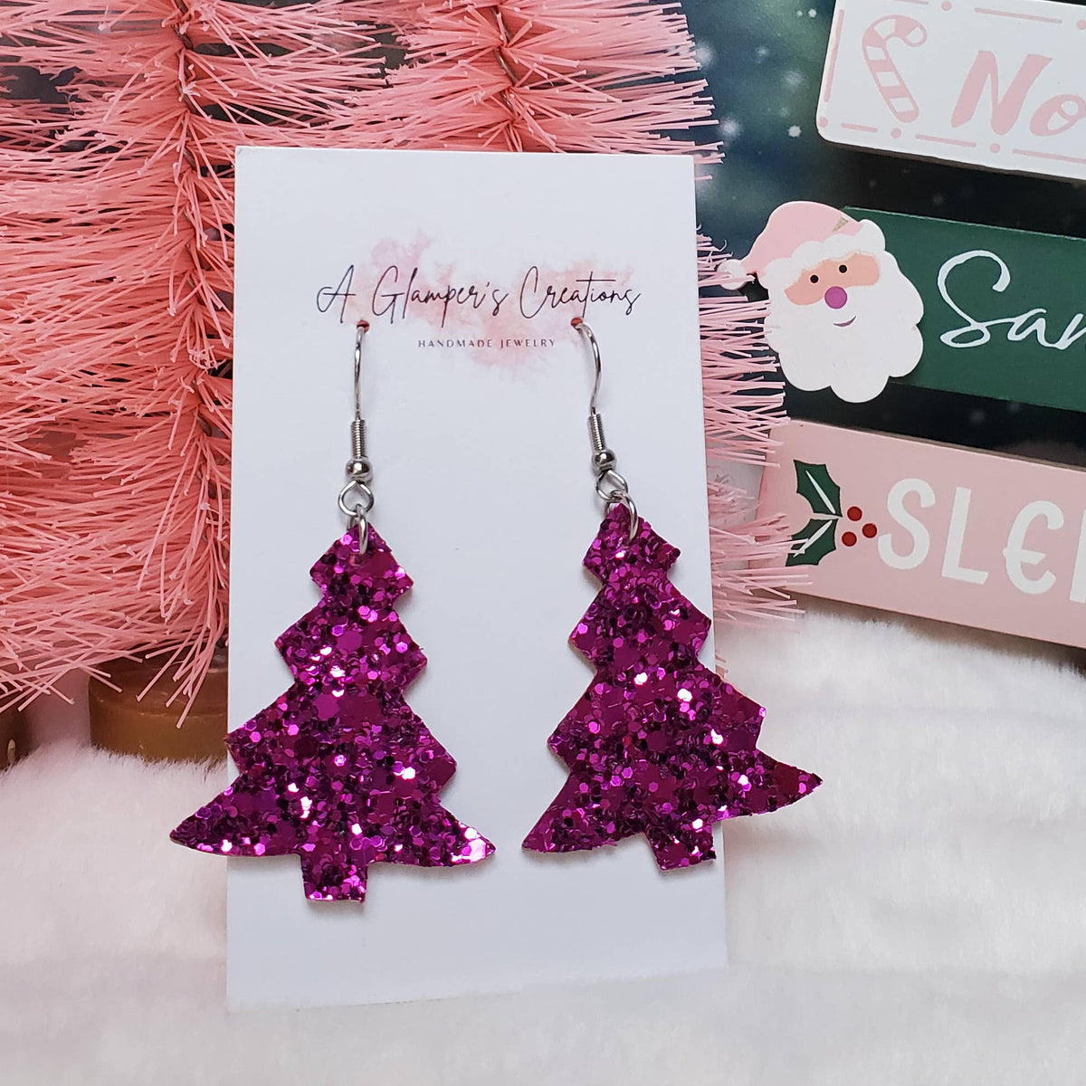 Fuchsia Glitter Christmas Tree Leather Earrings