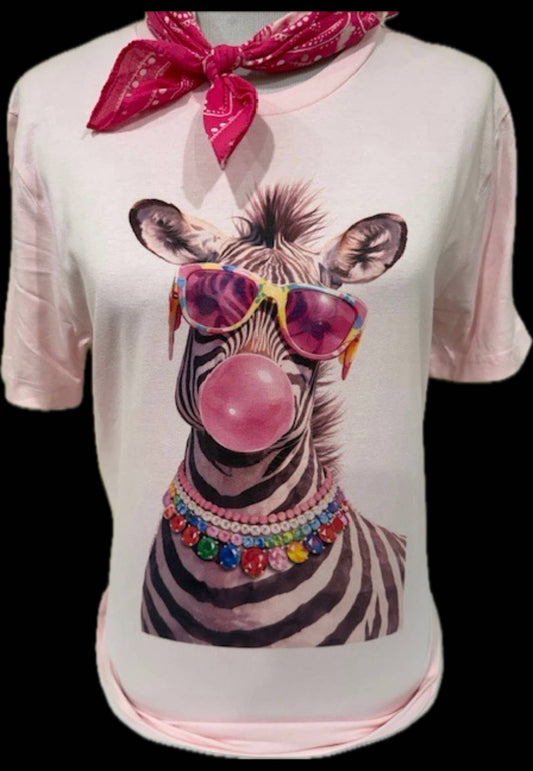 Jeweled Collar Bubble Gum Zebra on Light Pink Crew