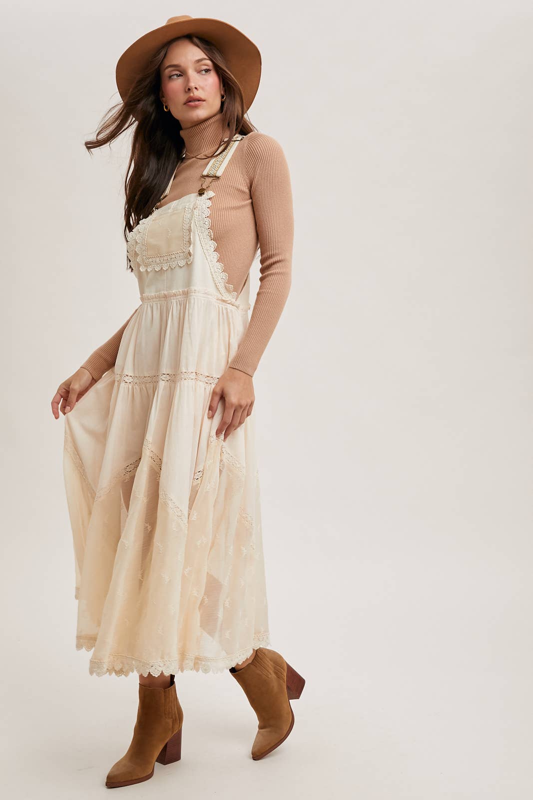 LACE EMBROIDERED TULLE BIB MAXI DRESS