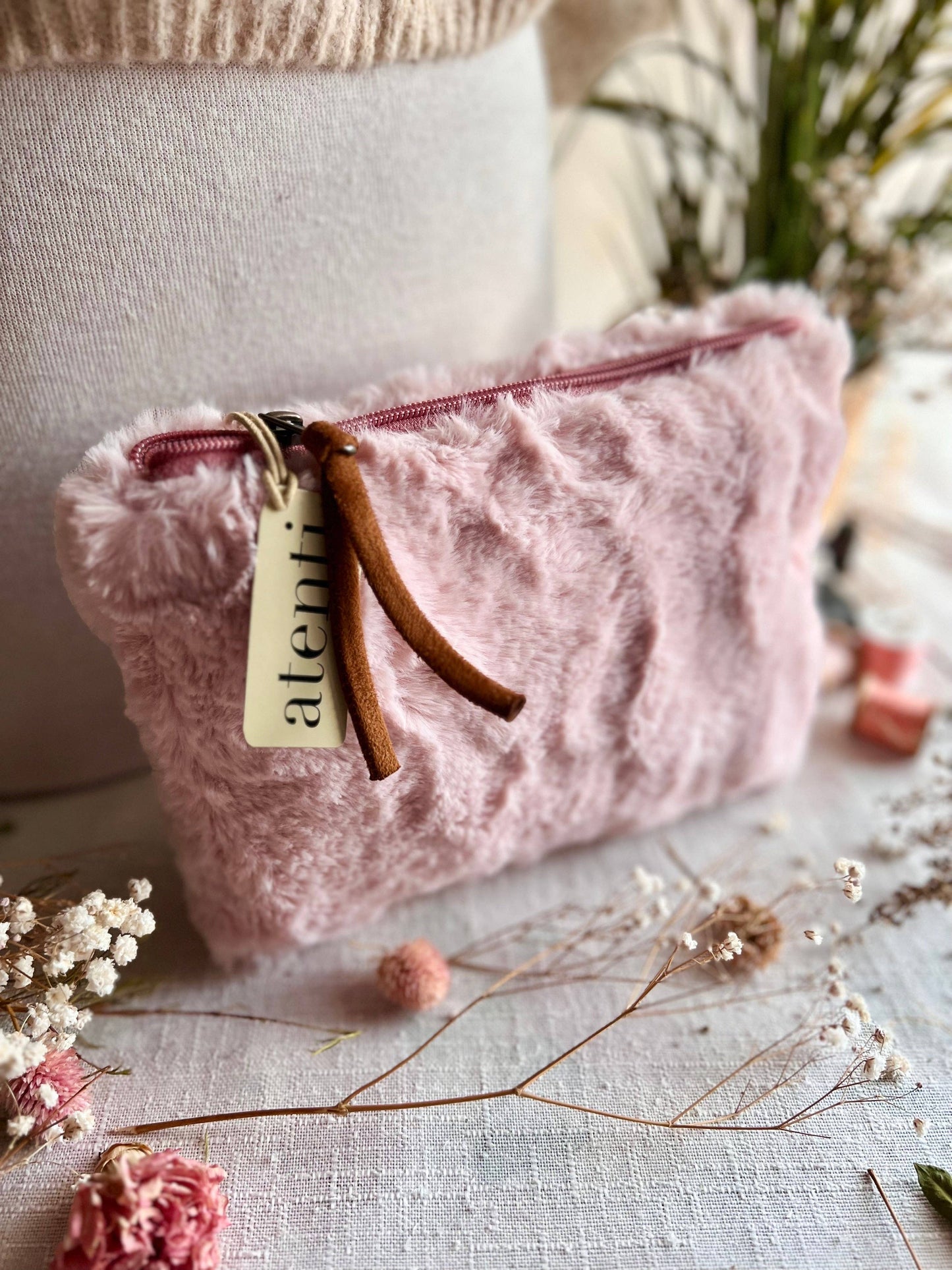 Pink Vegan Fur Zipper Accessories Pouch Clutch