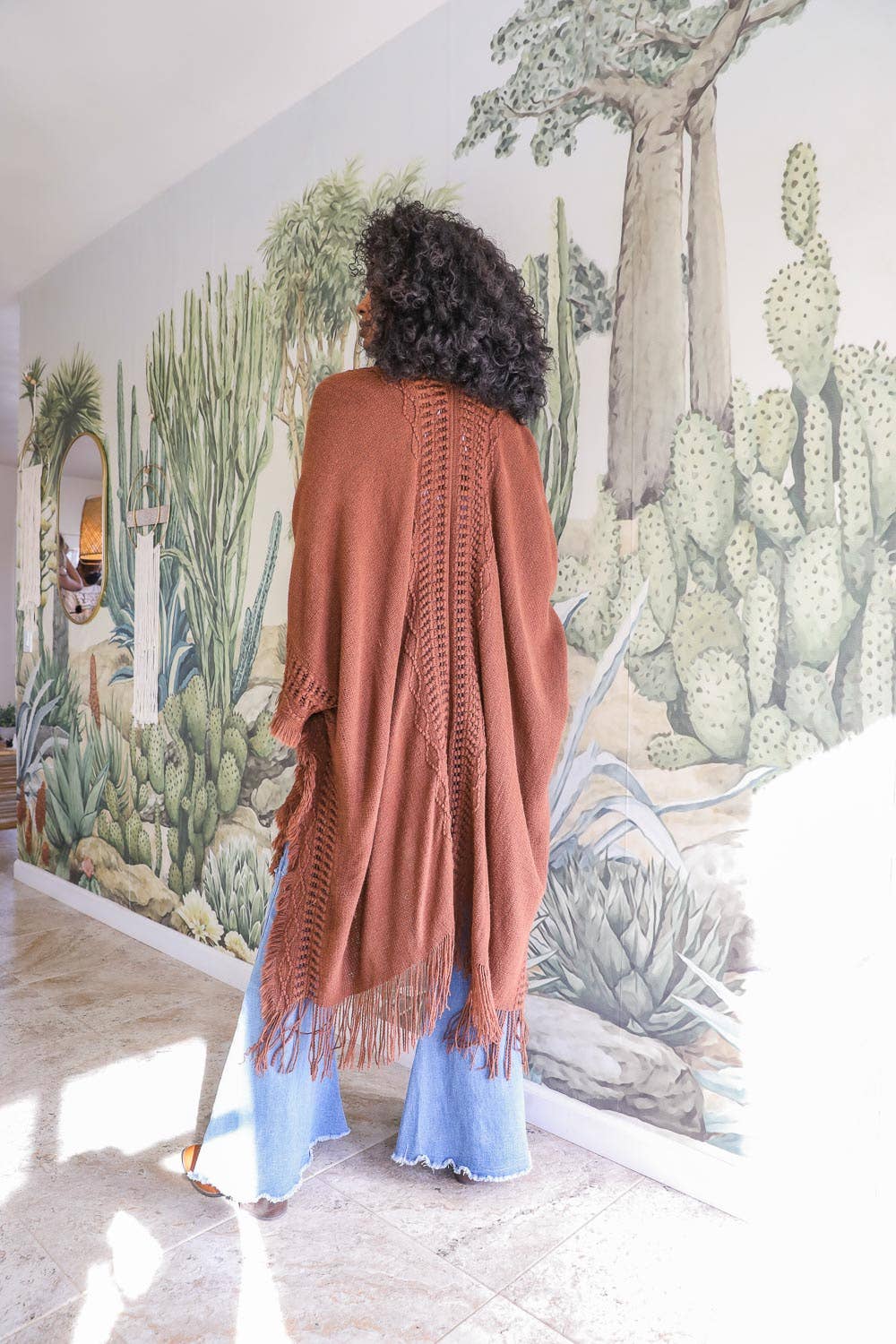 Open Work Frayed Border Bohemian Ruana grey