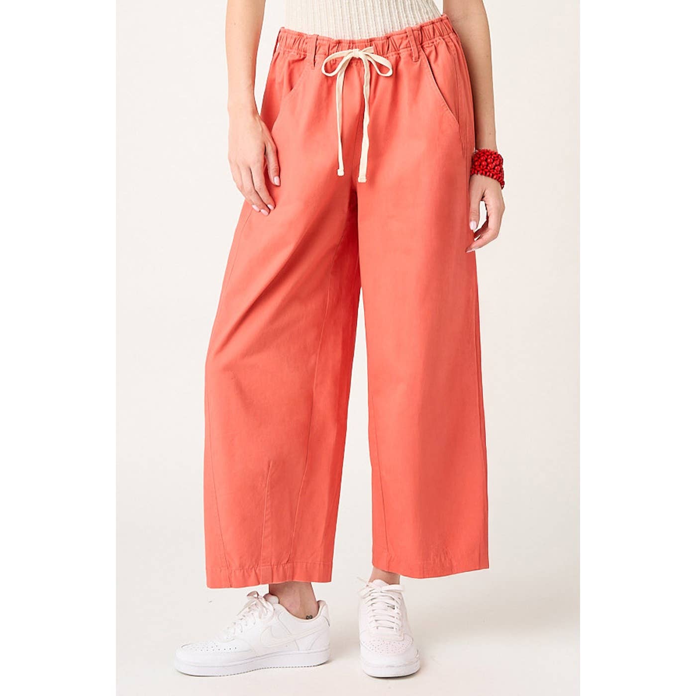 WIDE BARREL LEG DRAWSTRING ELASTIC WAIST PANTS