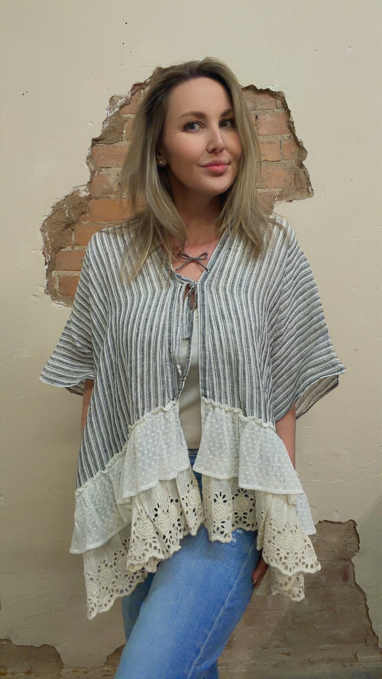 Eyelet Lace Ruffle Stripe Pattern Cardigan Top