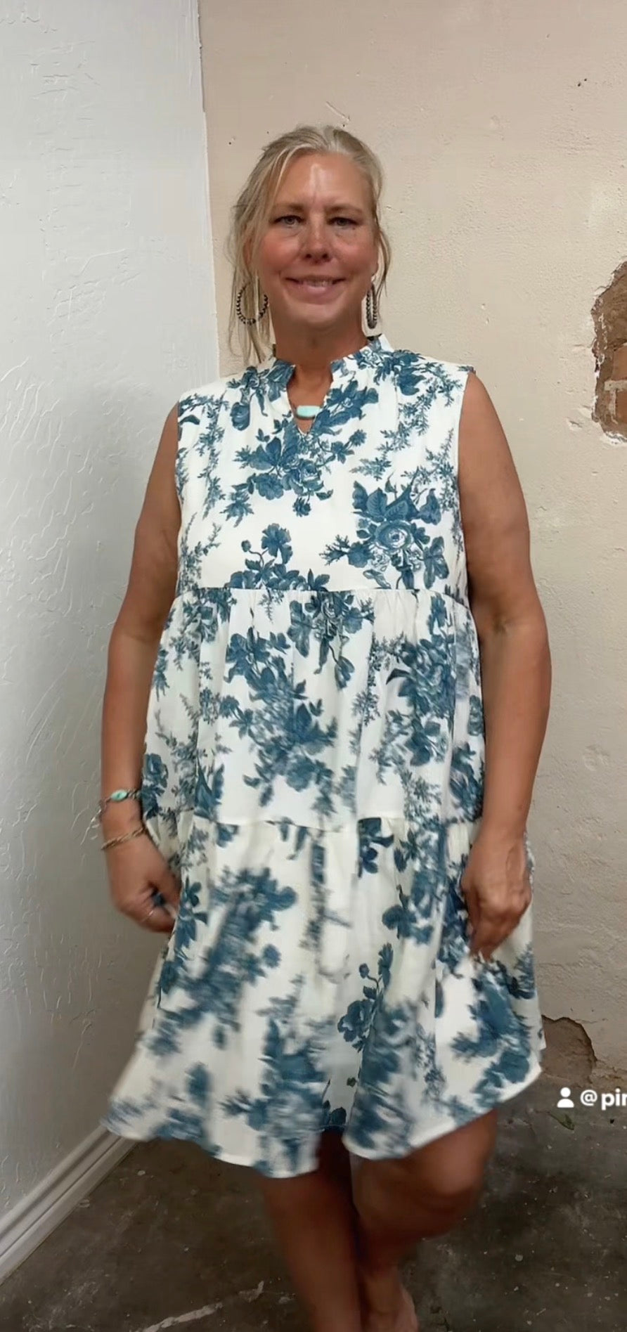 Sleeveless Tiered Dress, Blue Floral