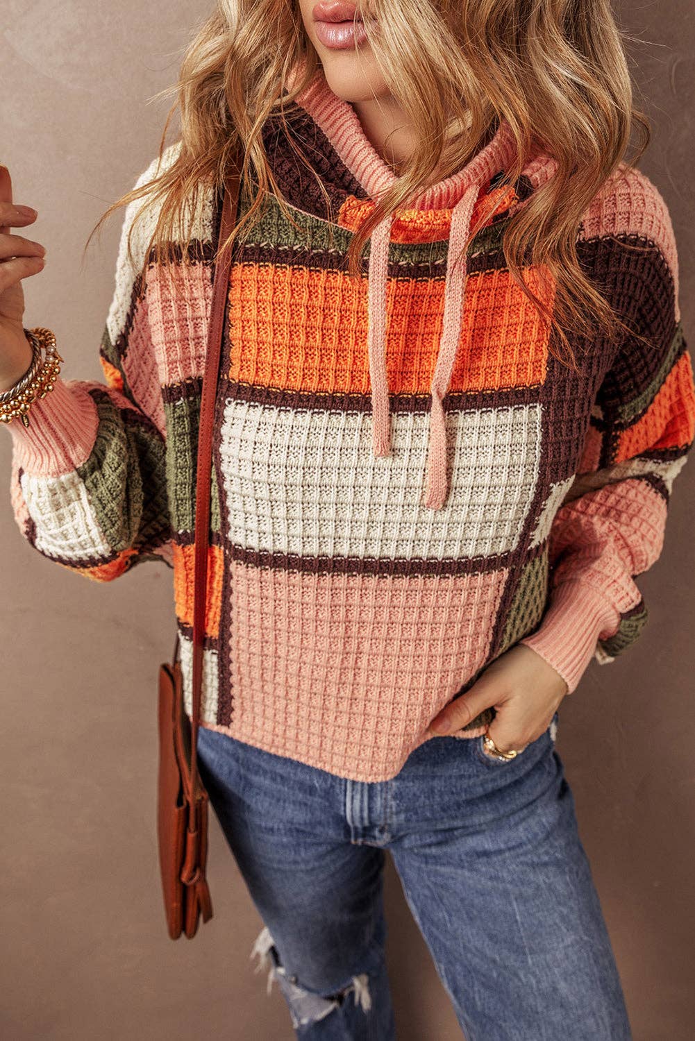 Colorblock Waffle Knit Cowl Sweater