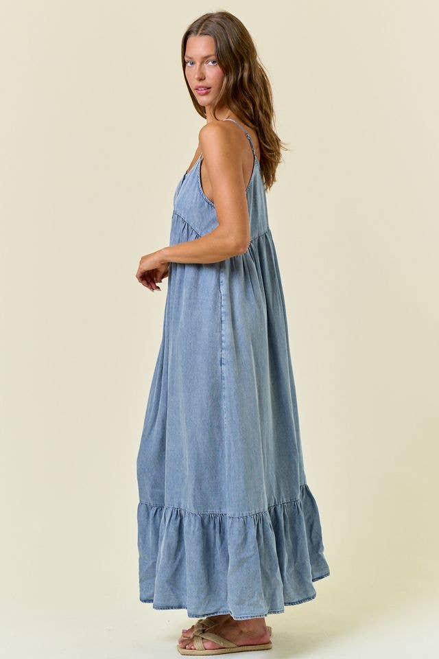 Tencel Chambray Tiered Ruffled Skirt Midi Dress -