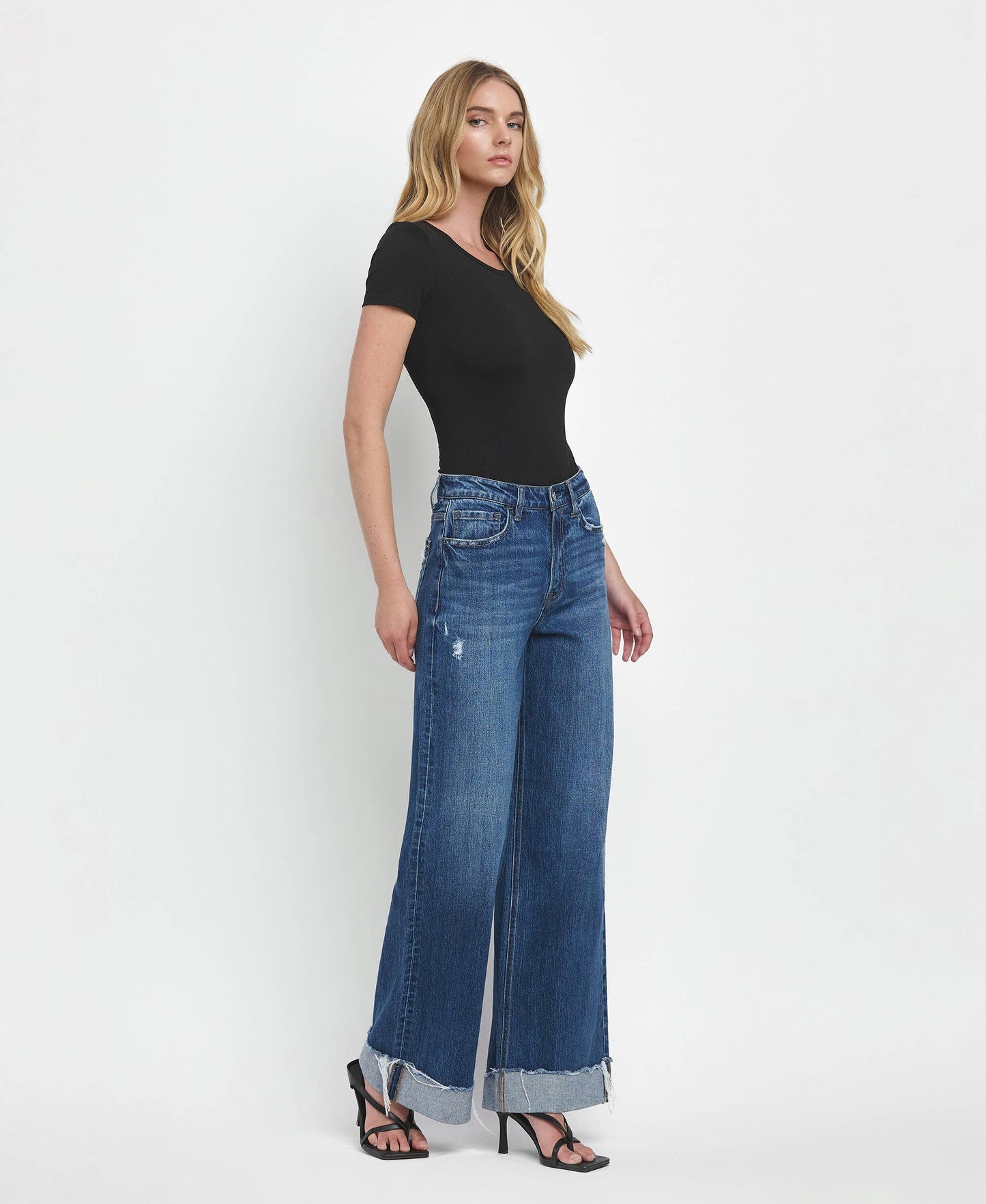 SUPER HIGH RISE CUFFED BAGGY WIDE JEANS T6614