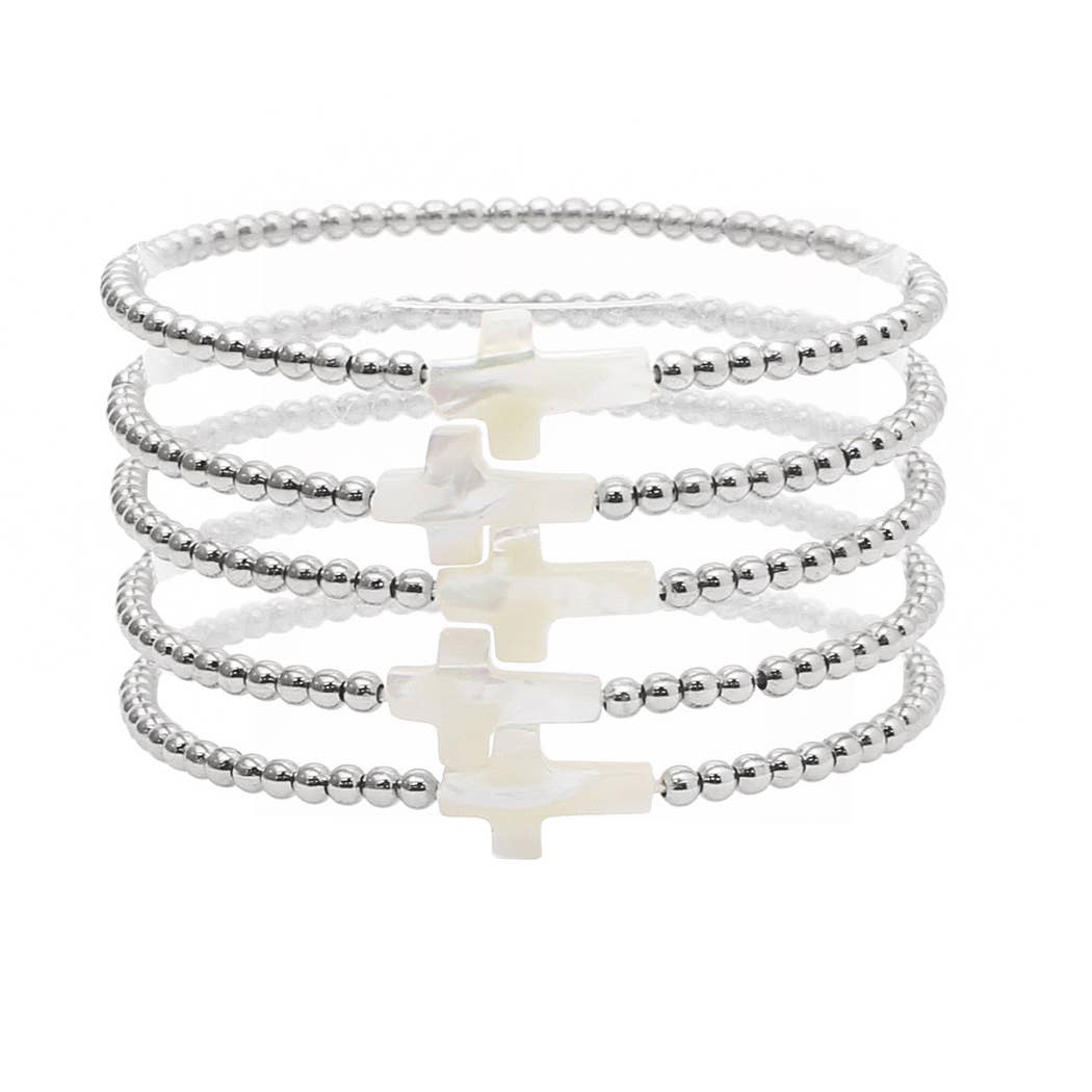 Mother of pearl cross multi layered beded stretch bracelet