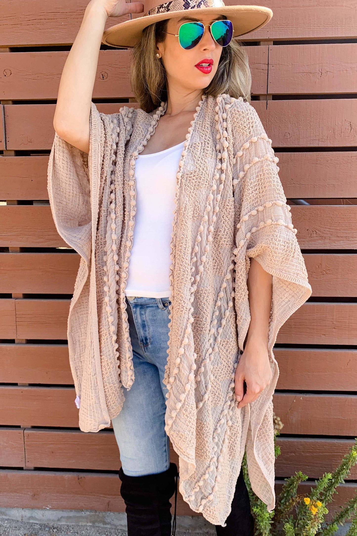 Nude 3D Textured Open Front Soft Kimono Cardigan