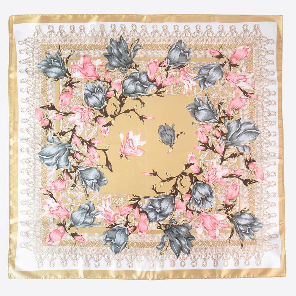 Classy Floral Printed Square Silky Satin Bandana Scarf