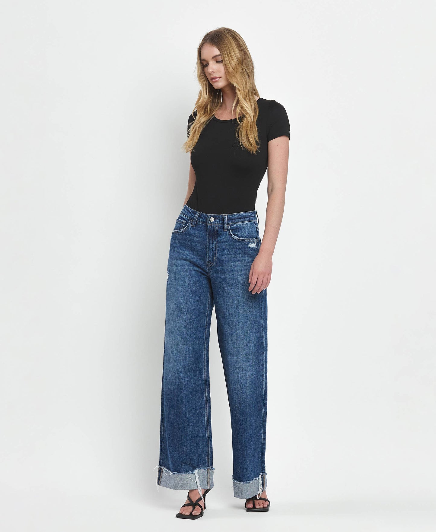 SUPER HIGH RISE CUFFED BAGGY WIDE JEANS T6614