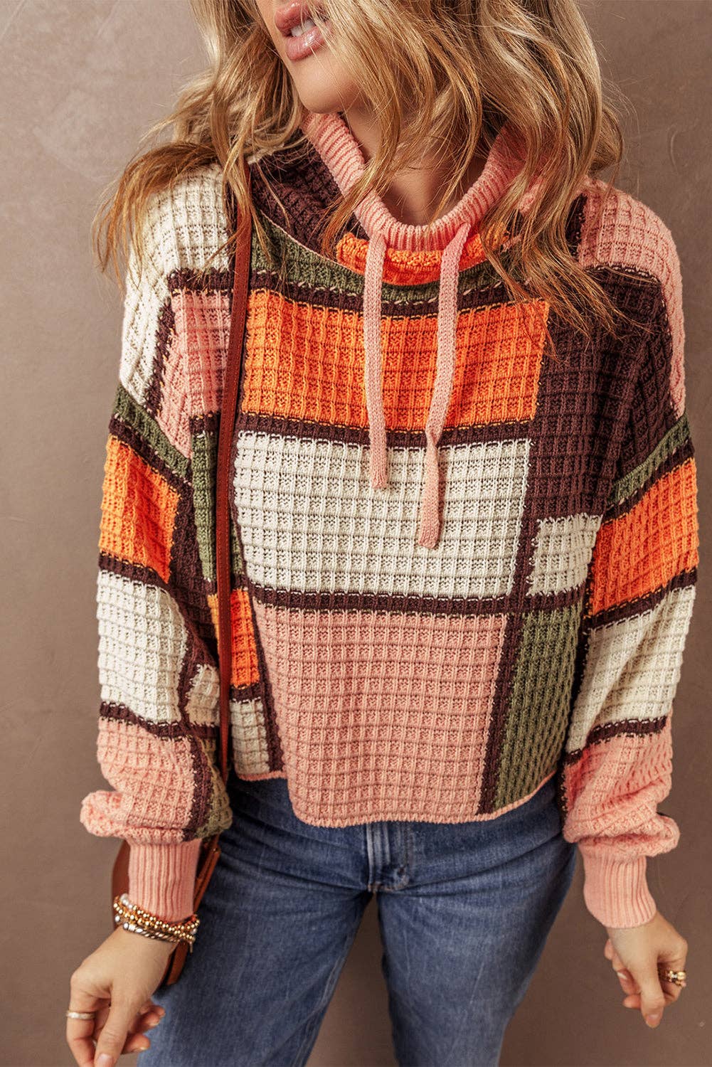 Colorblock Waffle Knit Cowl Sweater