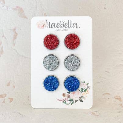 3 Pack Stud Earring Set Glitter Druzy Patriotic