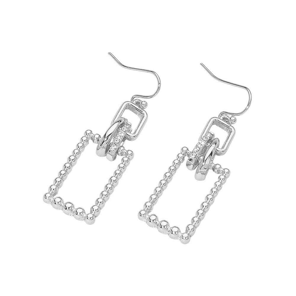 Stone Pave Linked Metal Beaded Rectangle Drop Earrings