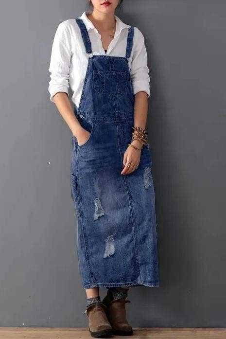 Distressed Ripped denim overall dress