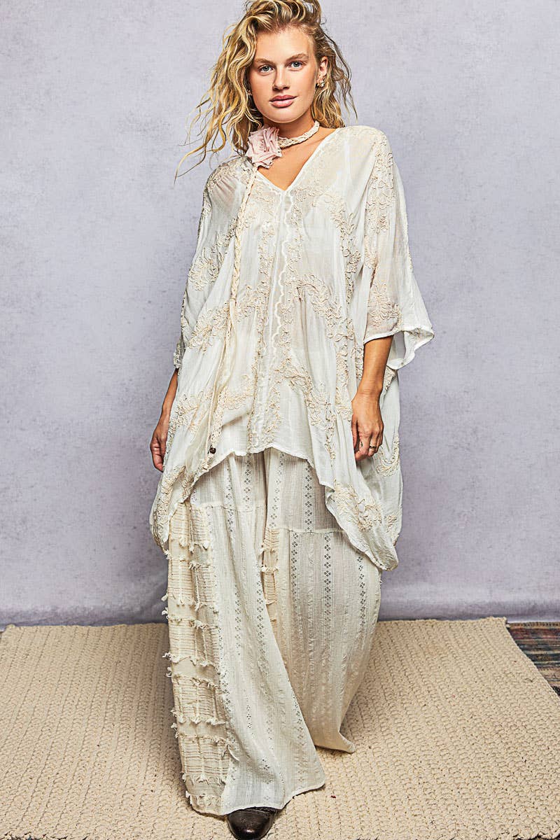 V-Neck 3/4 Sleeve Embroidered Kimono Top with Back Tassel