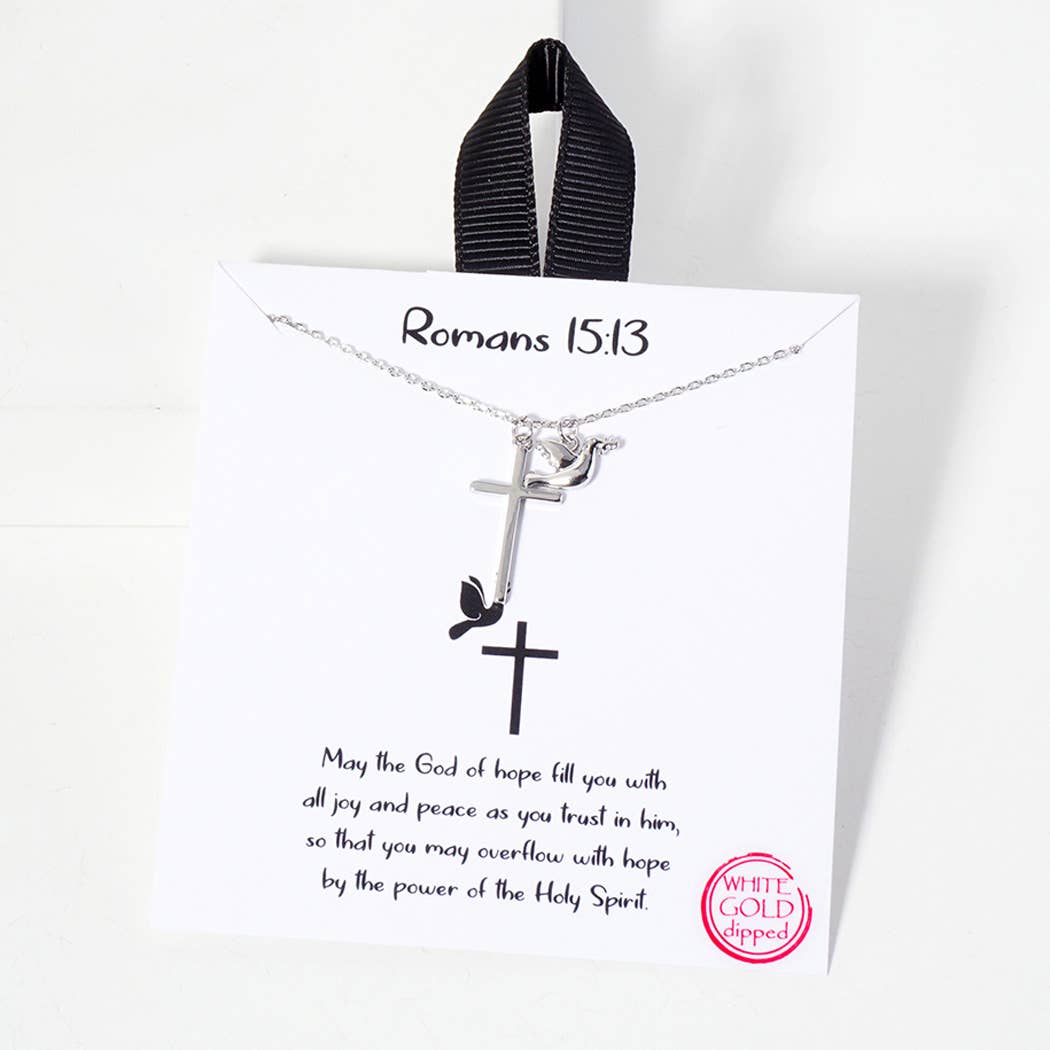 Romans 15 13 Dainty Cross Dove Charm Necklace