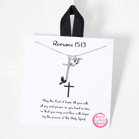 Romans 15 13 Dainty Cross Dove Charm Necklace