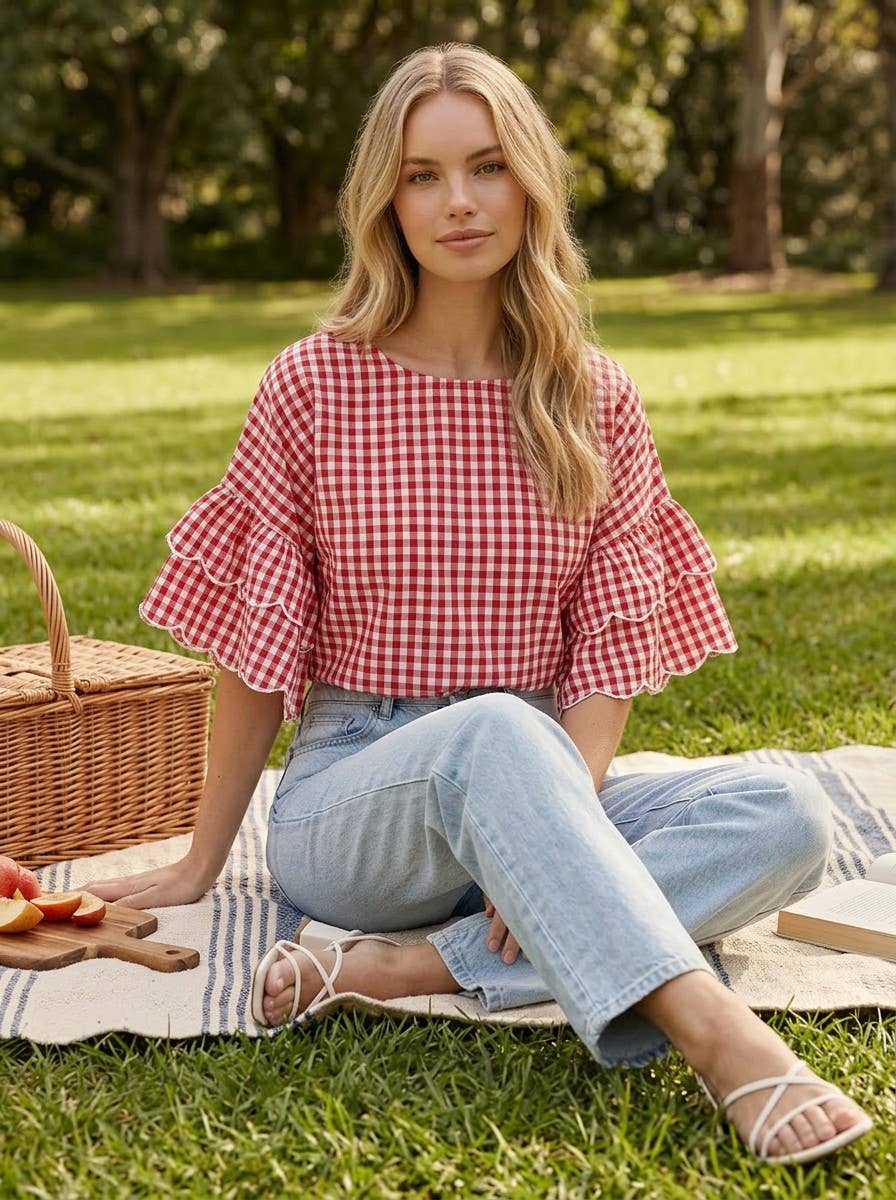 Charming Gingham Scallop Edge Wild Ruffle Cotton Top VT83548