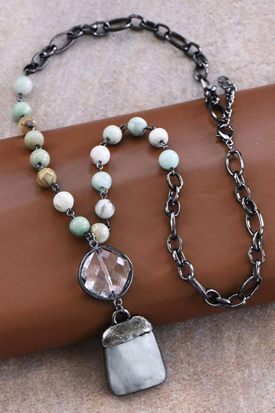 Natural Stone Pendant Beaded Chain Link Necklace - 6463