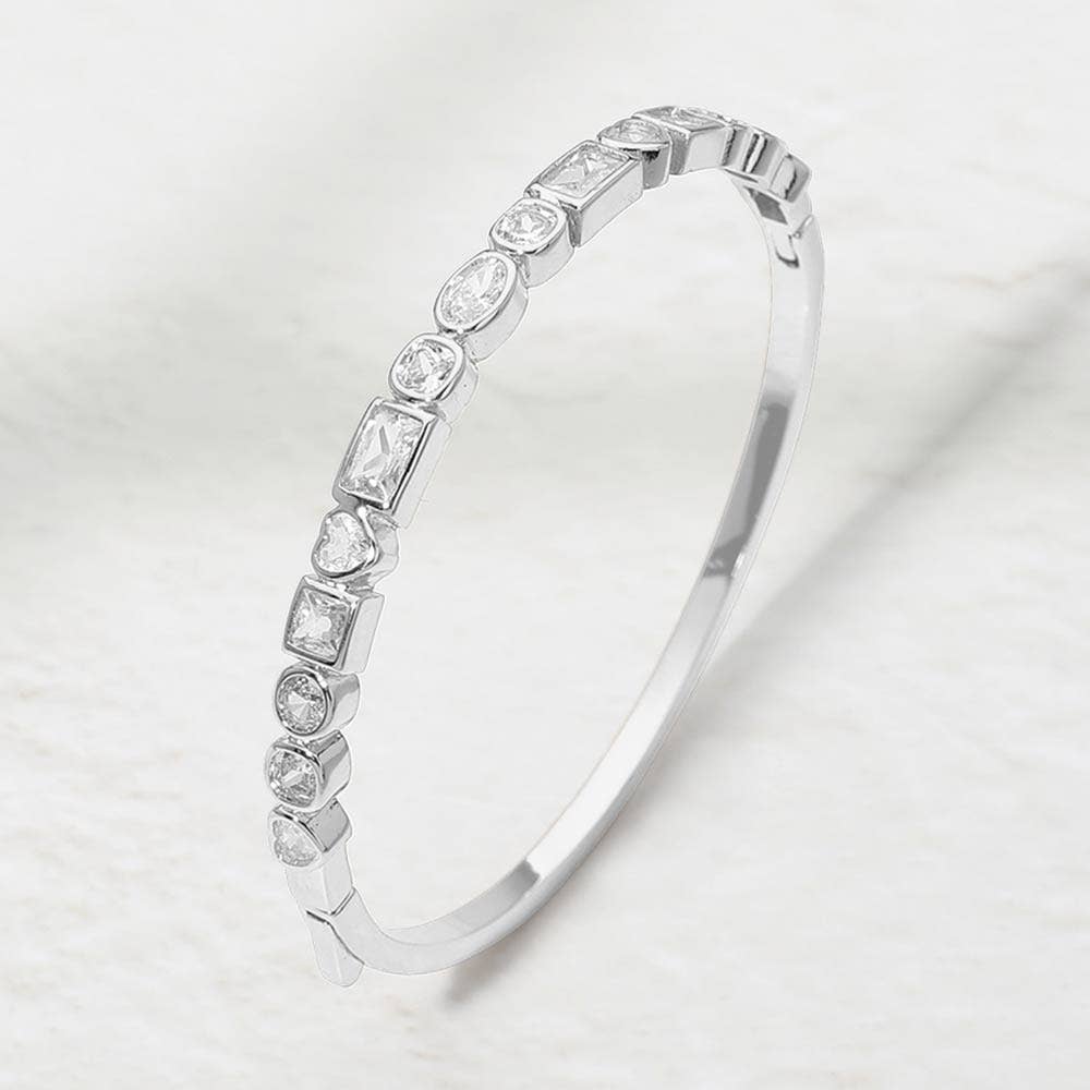 14K Gold Plated Mixed Shaped CZ Bezel Around Hinged Bangle Bracelet