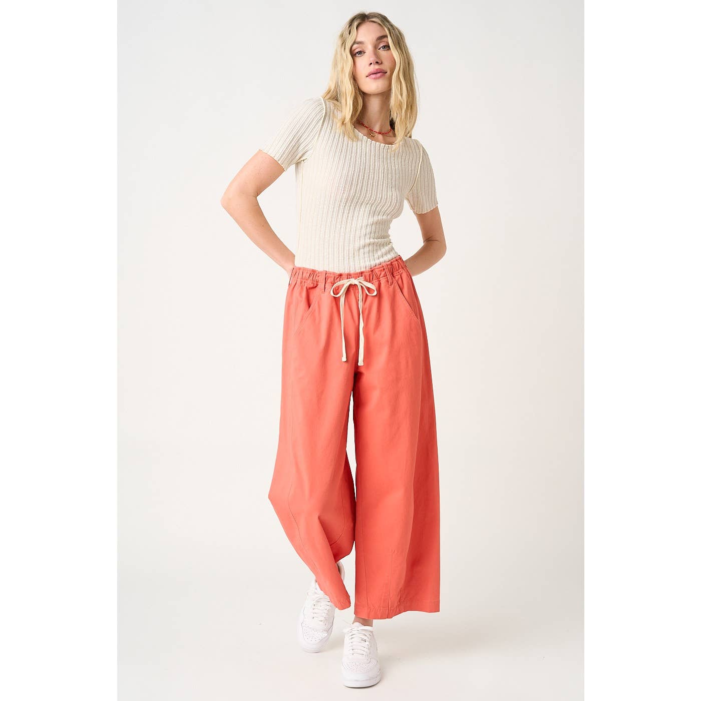 WIDE BARREL LEG DRAWSTRING ELASTIC WAIST PANTS
