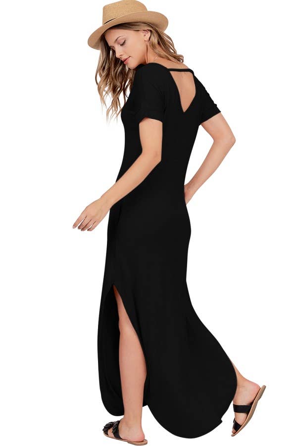 Short Sleeve Scoop Neck Maxi Dress With Side Slits