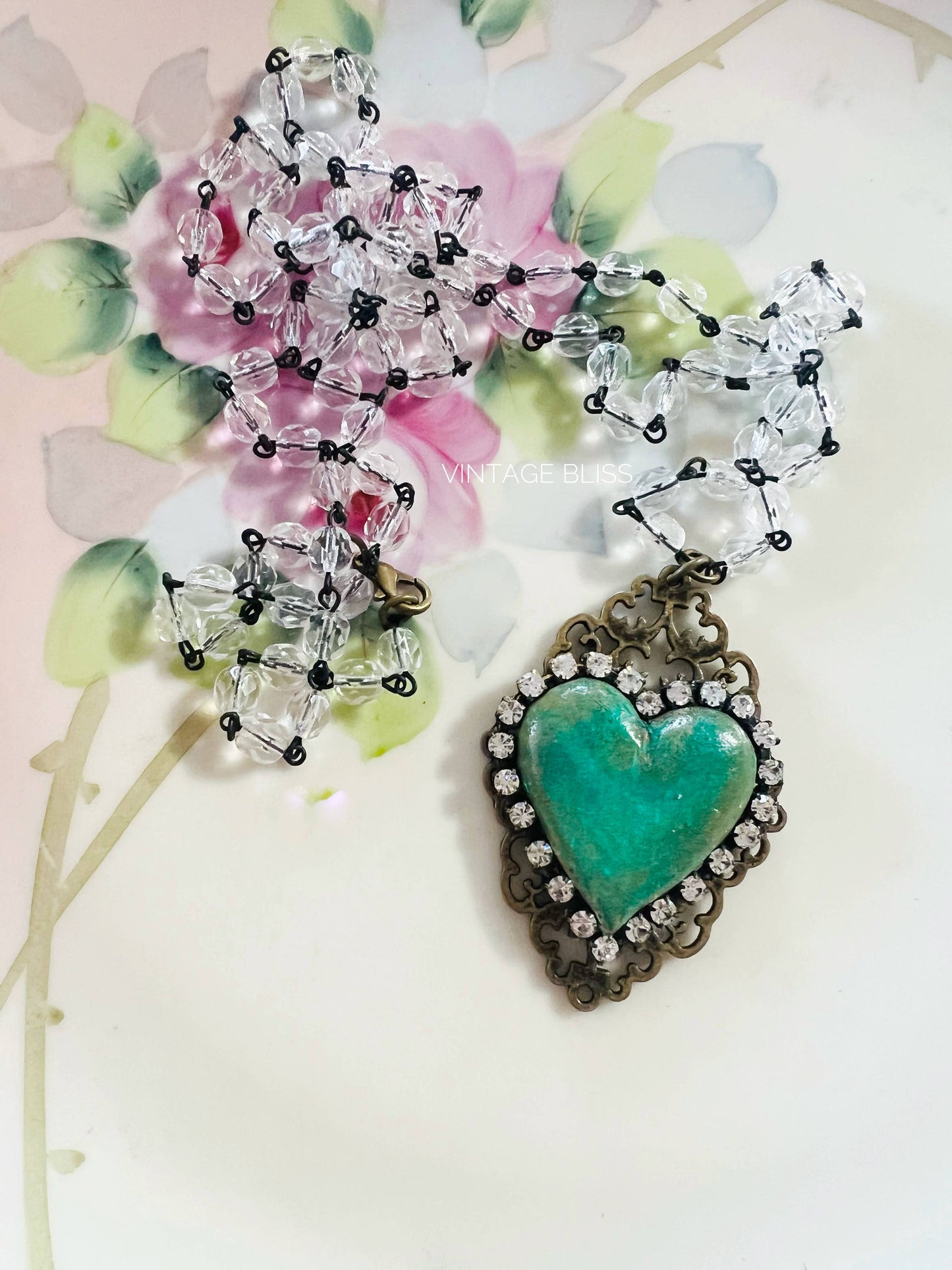 Turquoise Color Heart Filigree Necklace Clear Crystal Chain