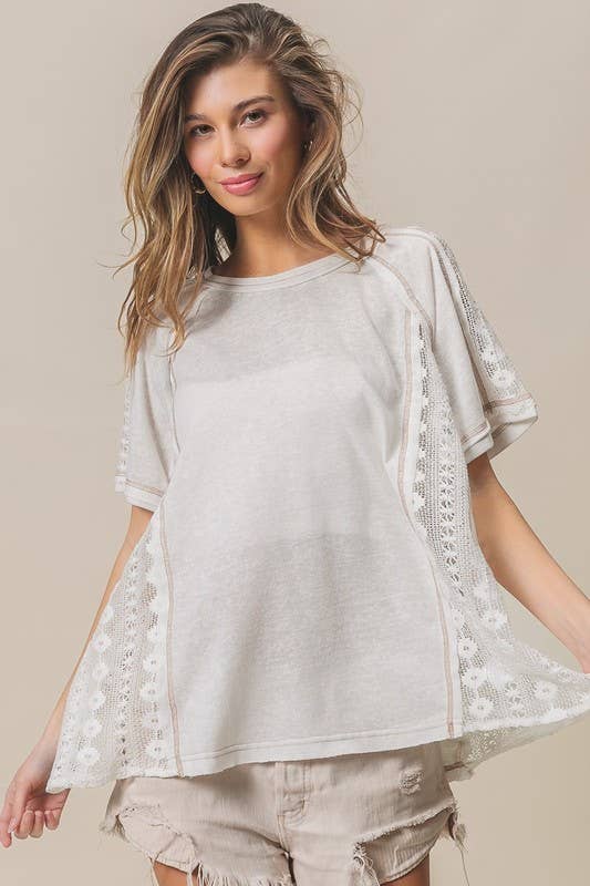 Slub Jersey Lace Combo Top With Contrast Stitching