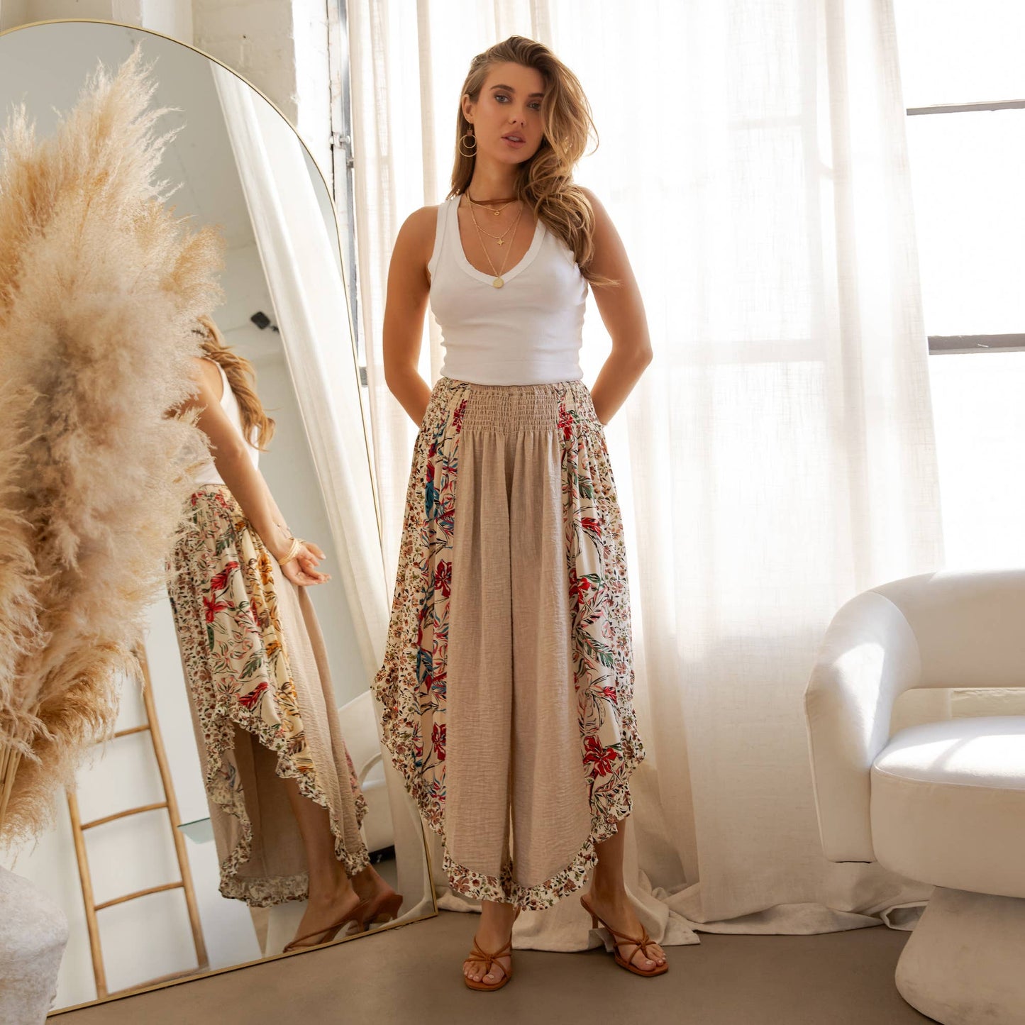 Artisan Boho Floral Panel Smocked Waist Wide-Leg Pants NEW