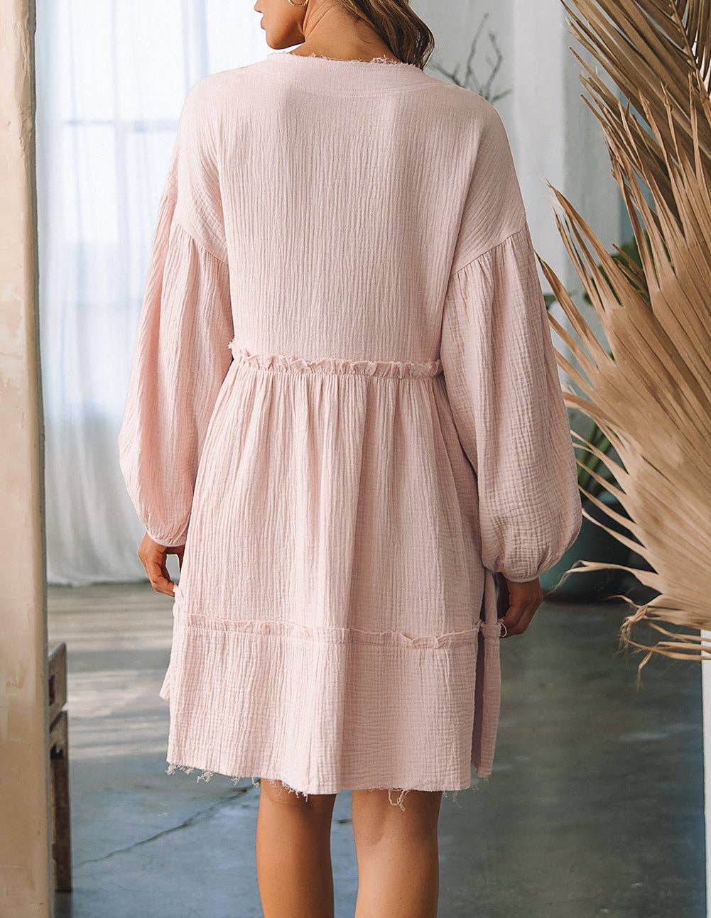 Crinkle Distressed Puff Sleeve Flared Dress