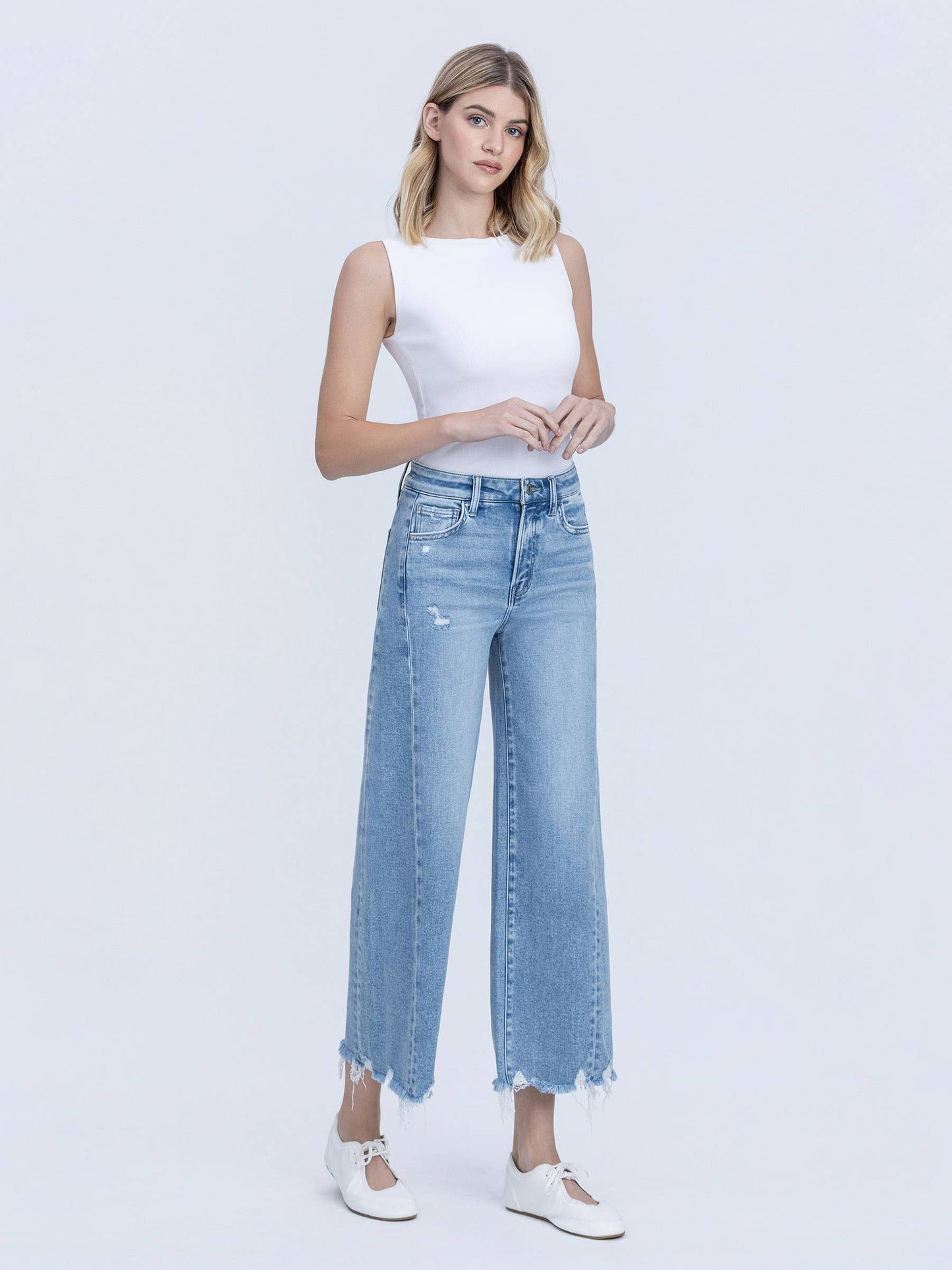 HIGH RISE MEDIUM LIGHT SIDE PANEL CROP WIDE JEANS T7296