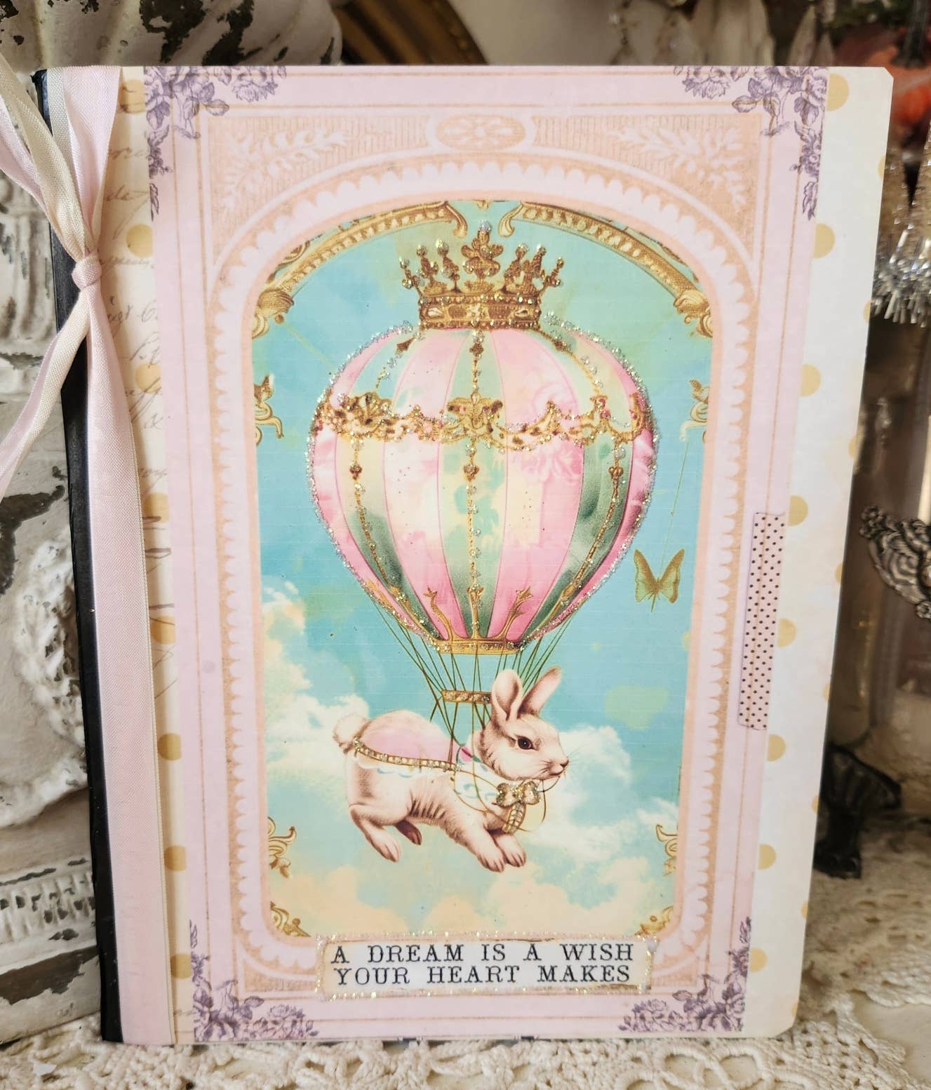 Journal Notebook Bunny Hot Air Balloon Glitter