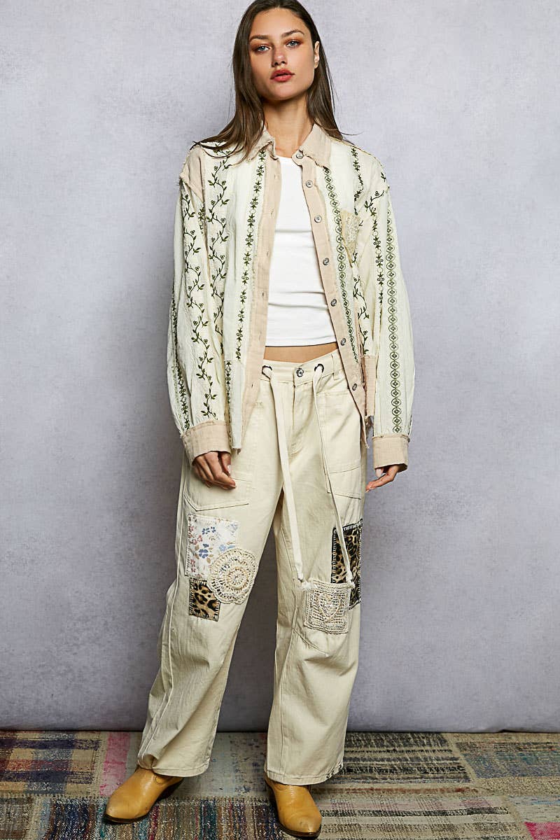 Long Sleeve Embroidered Woven Stripe Contrast Shirt Top