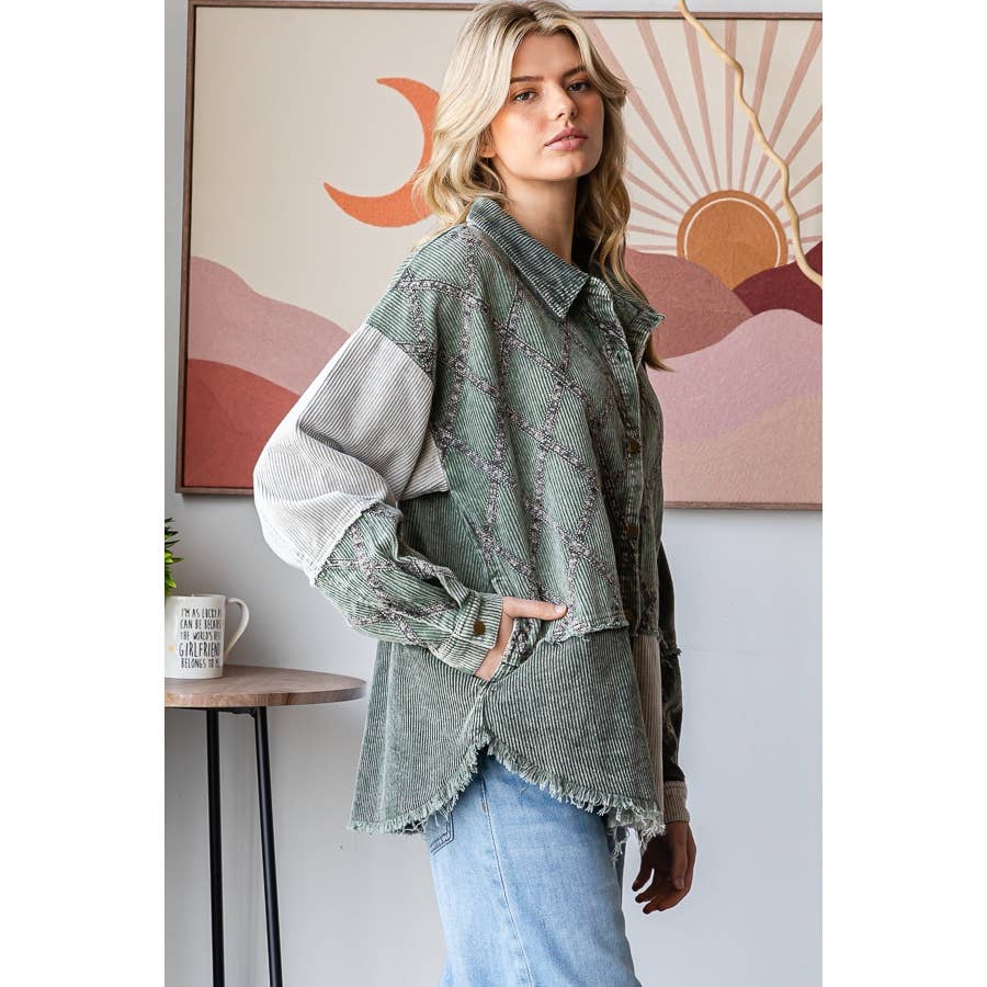 WASHED CORDUROY COLORBLOCK BUTTON DOWN SHACKET