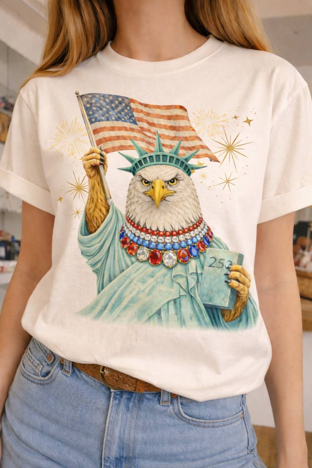 Jeweled Collar Liberty Eagle RWB on White or Natural Crew