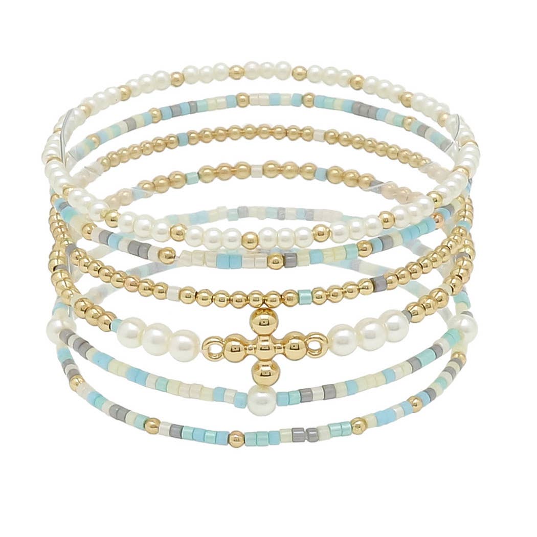 CROSS ACCENT DAINTY MULTI LAYERED BEADED STRETCH BRACELET