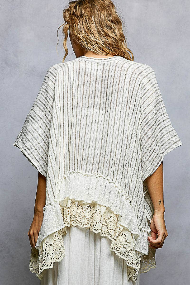 Eyelet Lace Ruffle Stripe Pattern Cardigan Top